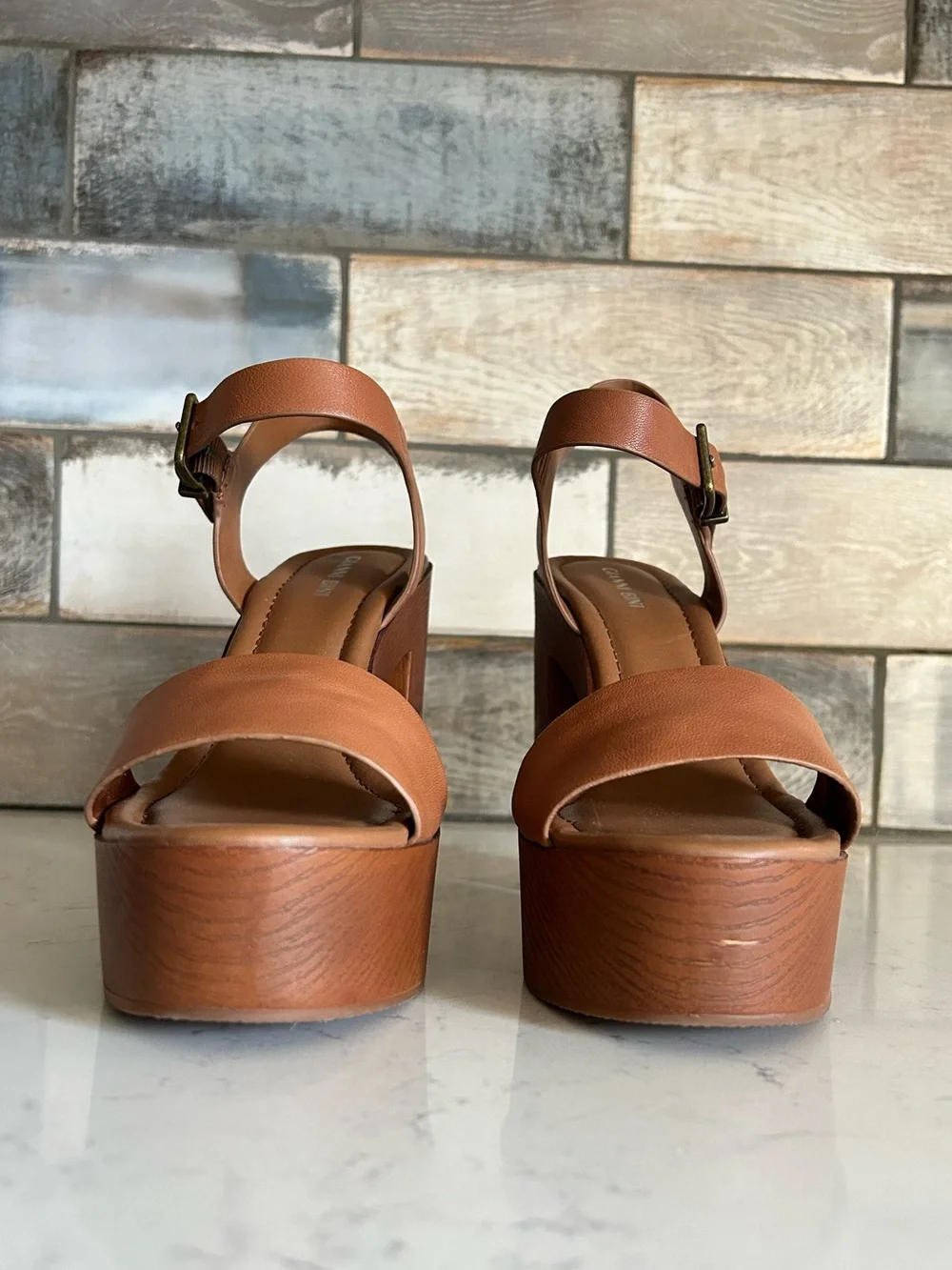 Gianni Bini Leather Platform Heel Sandals in Rich Caramel
